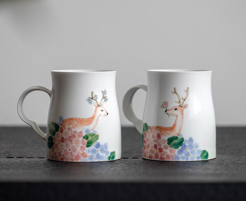 Hand Painted Deer Mug, Large Handmade Coffee Mug, Beautiful Porcelain Mug Gift for her