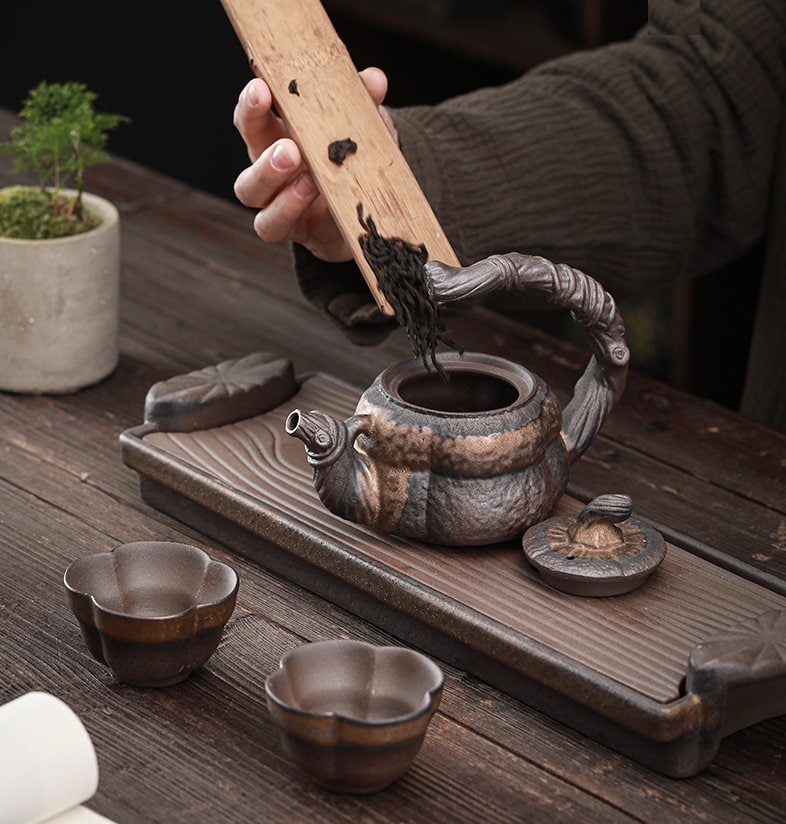 Ceramic Chinese Tea Set in Pumpkin Style/ Handmade Kungfu Tea Set - Teapot, 2 Tea Cups & Tea Tray / Stoneware TeaPot Set / Tea Lover Gift