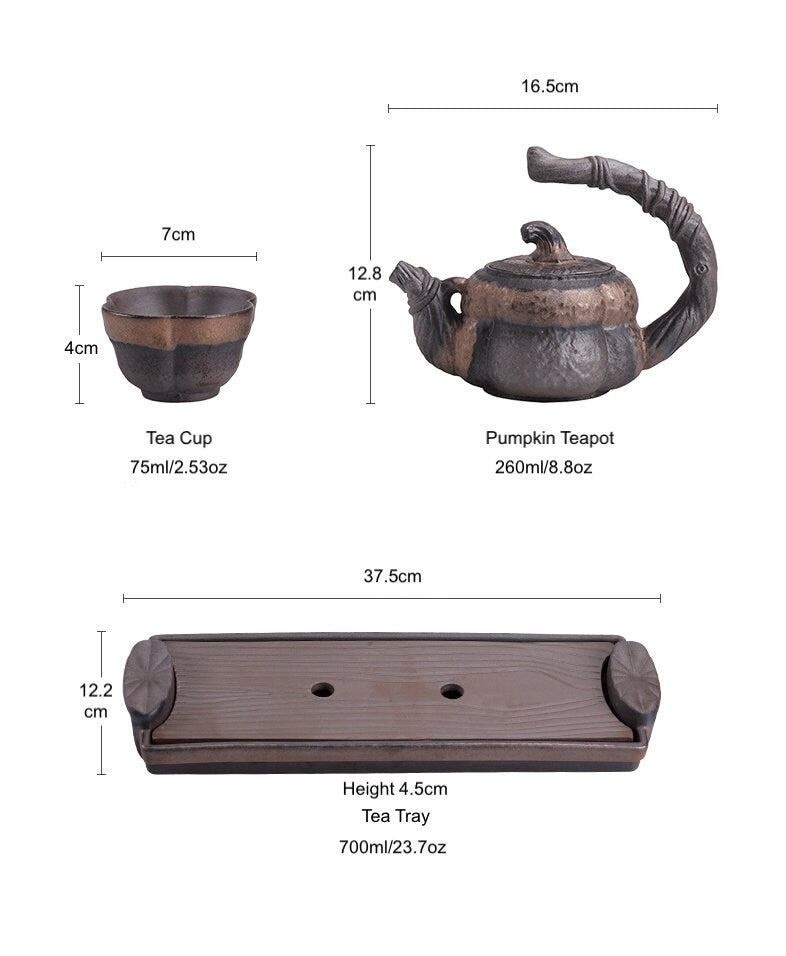 Ceramic Chinese Tea Set in Pumpkin Style/ Handmade Kungfu Tea Set - Teapot, 2 Tea Cups & Tea Tray / Stoneware TeaPot Set / Tea Lover Gift
