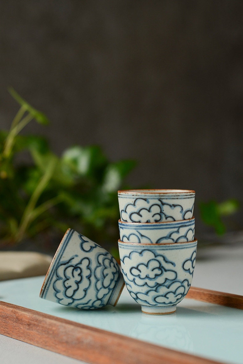 Jingdezhen Blue White Gongfu Tea Set, Handmade Chinese Tea Set - 1 Teapot 4 Cups, 2 style - Clouds Sea and Ocean Waves, tea lover gift