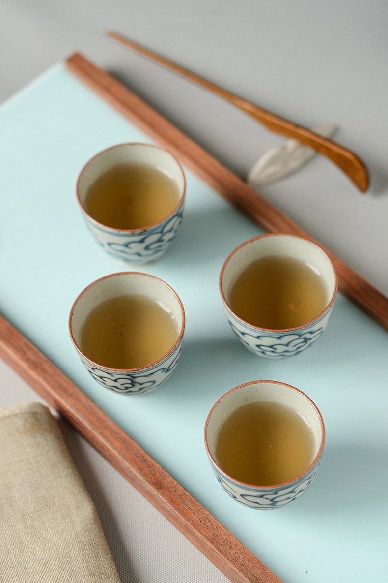 Jingdezhen Blue White Gongfu Tea Set, Handmade Chinese Tea Set - 1 Teapot 4 Cups, 2 style - Clouds Sea and Ocean Waves, tea lover gift