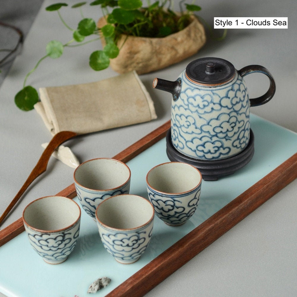 Jingdezhen Blue White Gongfu Tea Set, Handmade Chinese Tea Set - 1 Teapot 4 Cups, 2 style - Clouds Sea and Ocean Waves, tea lover gift