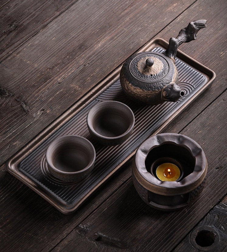 Ceramic Dead Stump Kyusu Teapot Set / Handmade Kung Fu Tea Set - 1 Teapot, 2 Cups, Tea Tray & Teapot Warmer / Gift to Tea Lovers