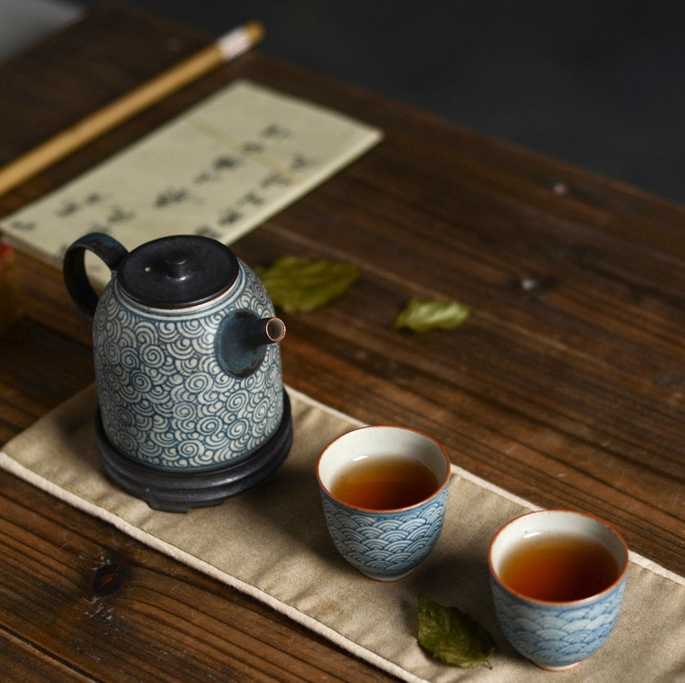 Handmade Chinese Blue & White Ceramic Teapot with Stand, Hand Painted Teapot 200ml/6.8oz, 2 Designs - Clouds Sea and Ocean Waves