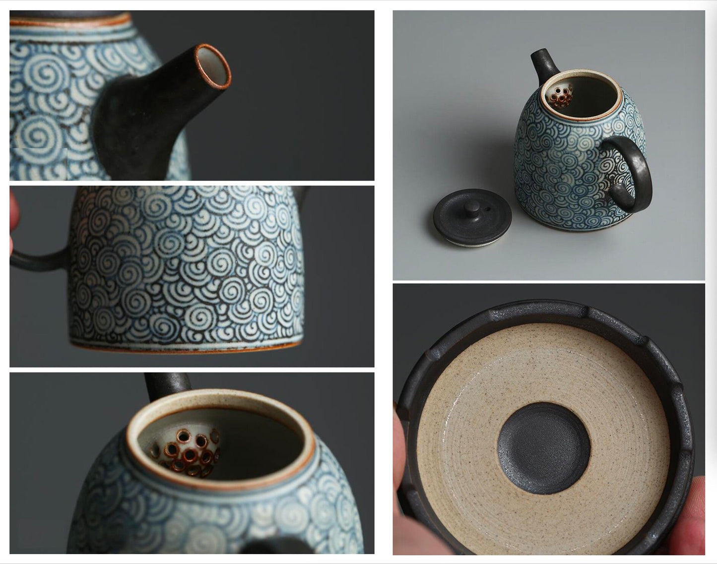 Handmade Chinese Blue & White Ceramic Teapot with Stand, Hand Painted Teapot 200ml/6.8oz, 2 Designs - Clouds Sea and Ocean Waves