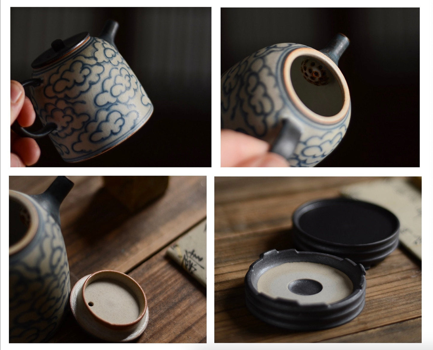 Jingdezhen Blue White Gongfu Tea Set, Handmade Chinese Tea Set - 1 Teapot 4 Cups, 2 style - Clouds Sea and Ocean Waves, tea lover gift