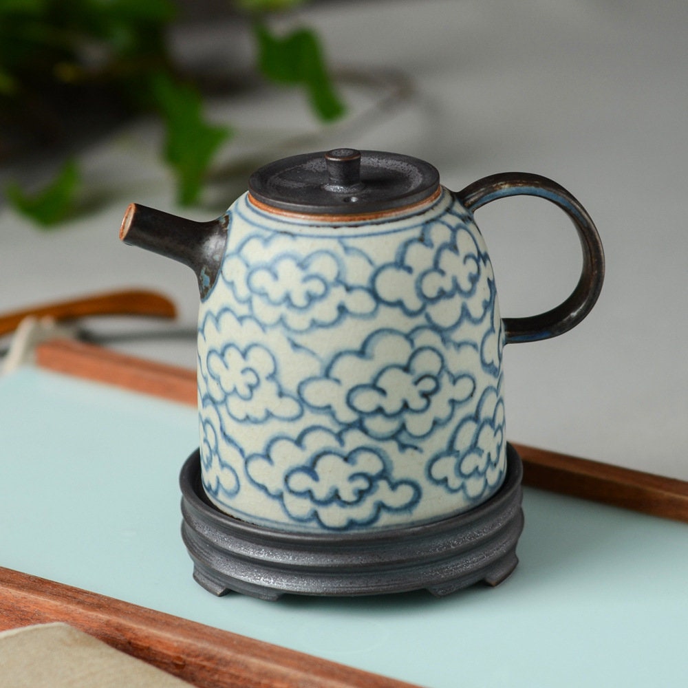 Jingdezhen Blue White Gongfu Tea Set, Handmade Chinese Tea Set - 1 Teapot 4 Cups, 2 style - Clouds Sea and Ocean Waves, tea lover gift