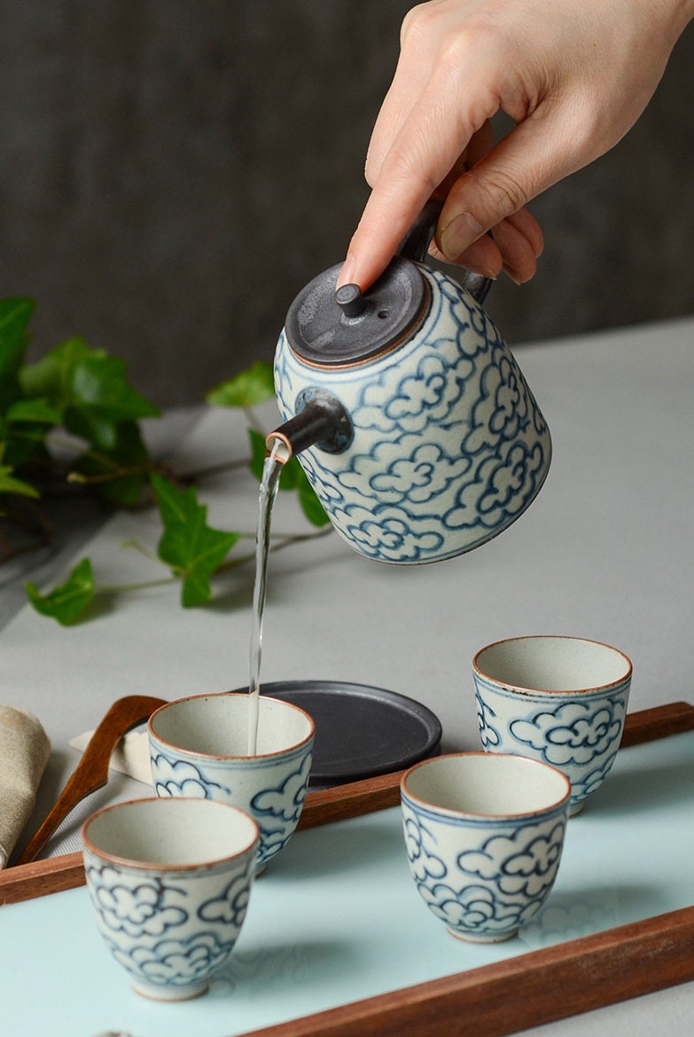 Jingdezhen Blue White Gongfu Tea Set, Handmade Chinese Tea Set - 1 Teapot 4 Cups, 2 style - Clouds Sea and Ocean Waves, tea lover gift