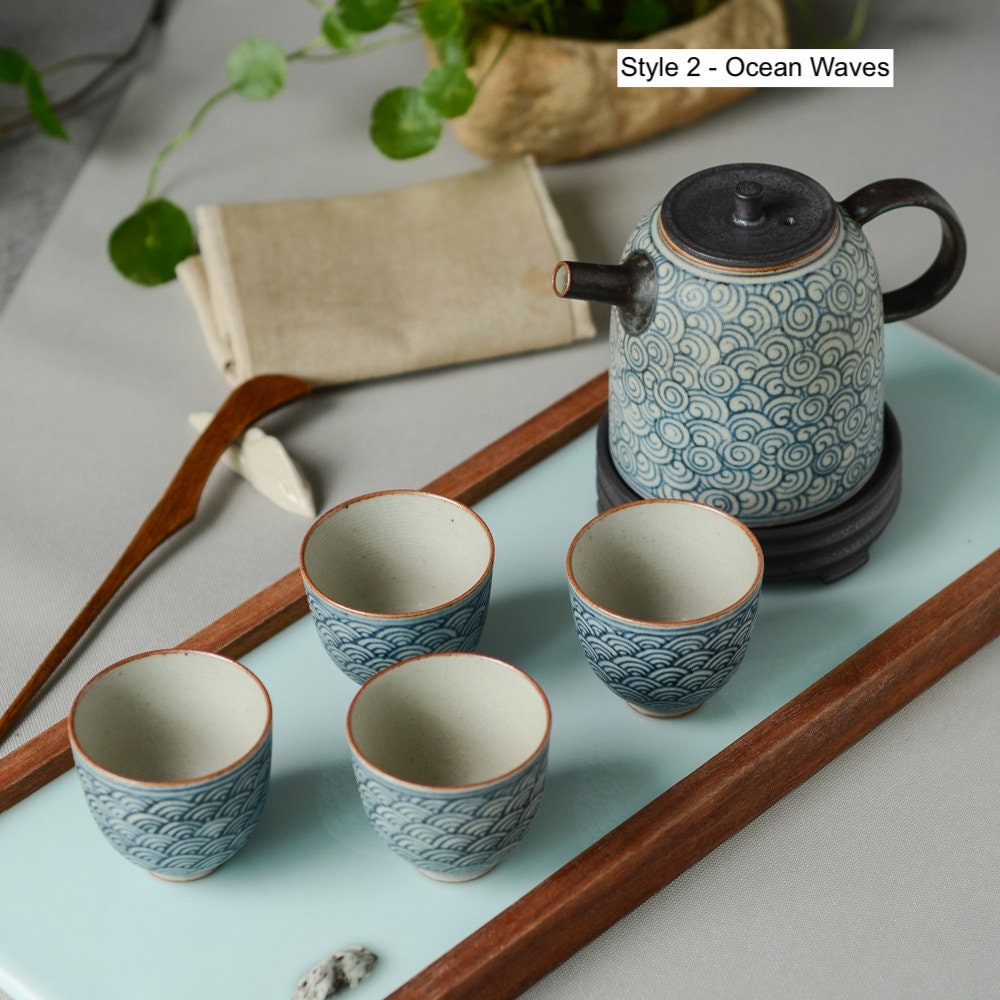 Jingdezhen Blue White Gongfu Tea Set, Handmade Chinese Tea Set - 1 Teapot 4 Cups, 2 style - Clouds Sea and Ocean Waves, tea lover gift