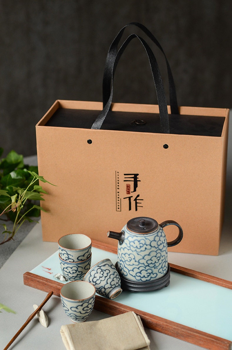 Jingdezhen Blue White Gongfu Tea Set, Handmade Chinese Tea Set - 1 Teapot 4 Cups, 2 style - Clouds Sea and Ocean Waves, tea lover gift
