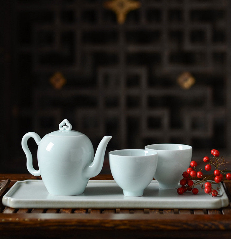 Handmade Small Porcelain ‘Ruyi’ Tea Set, Kung Fu Tea Set for Two - 1 Teapot and 2 Tea Cups, Minimalist Teapot Set, Gift to Tea Lovers
