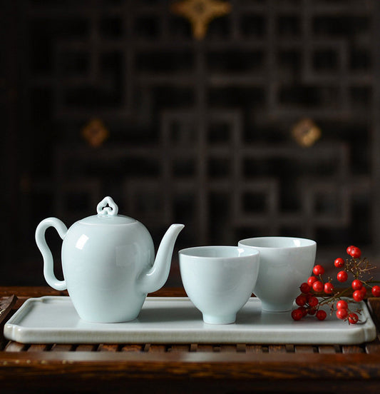 Handmade Small Porcelain ‘Ruyi’ Tea Set, Kung Fu Tea Set for Two - 1 Teapot and 2 Tea Cups, Minimalist Teapot Set, Gift to Tea Lovers