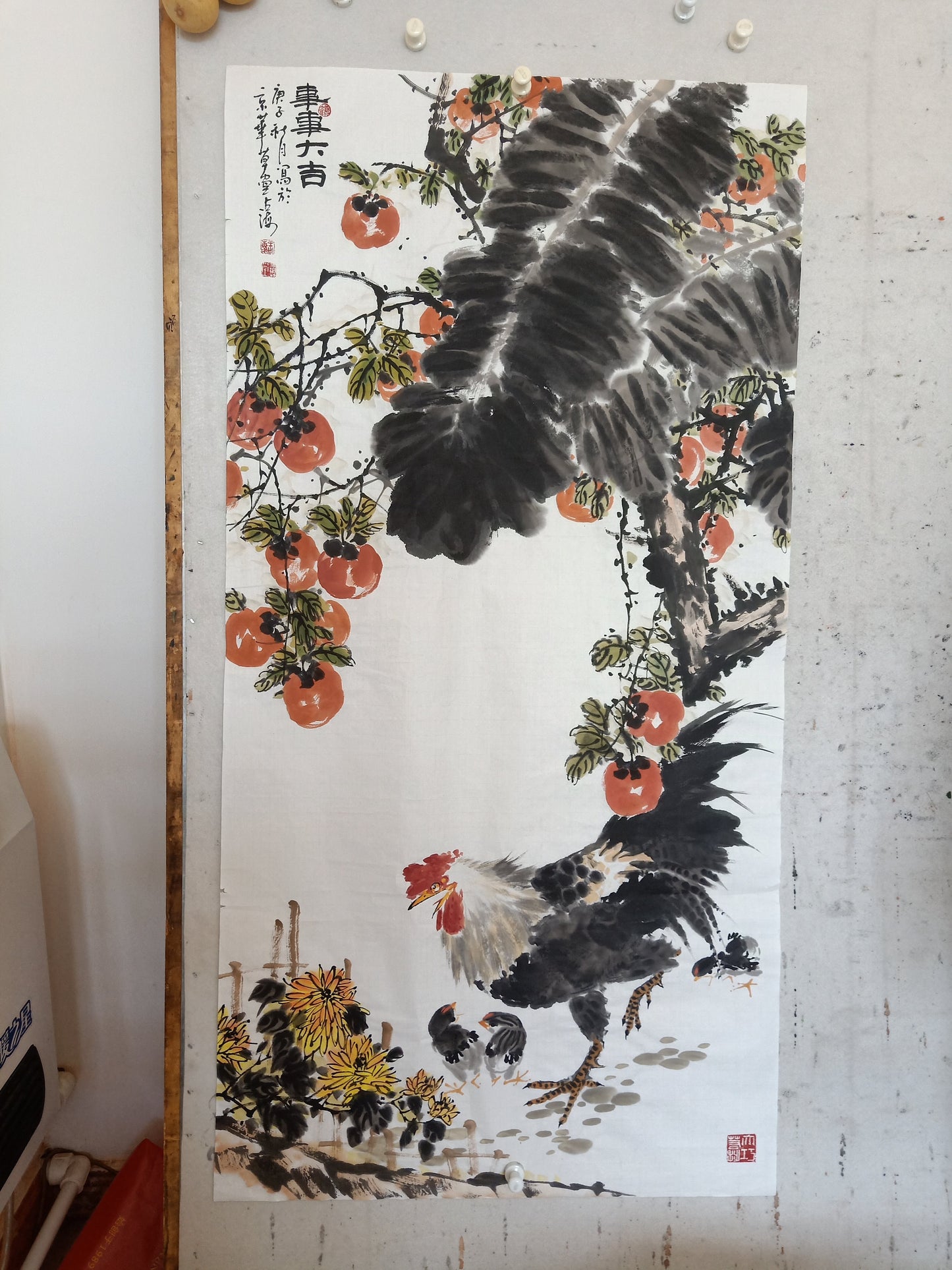 Original Chinese Painting of Rooster and Persimmon 27″x54″, Traditional Chinese ink painting Rooster, Oriental Wall Art, Sumi-e Painting