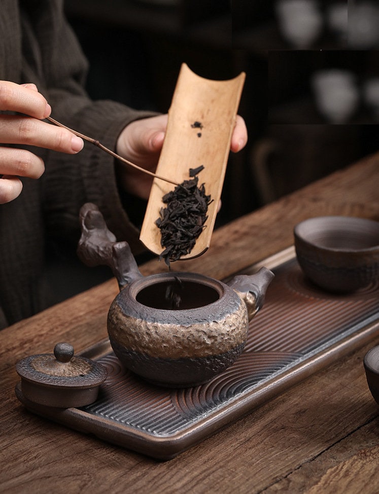 Ceramic Dead Stump Kyusu Teapot Set / Handmade Kung Fu Tea Set - 1 Teapot, 2 Cups, Tea Tray & Teapot Warmer / Gift to Tea Lovers