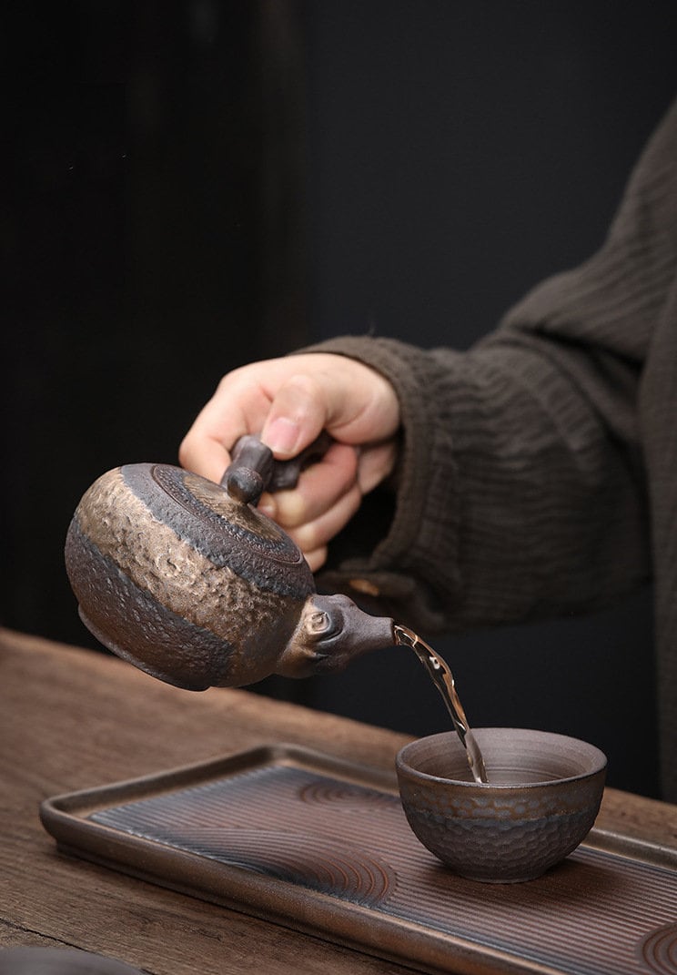 Ceramic Dead Stump Kyusu Teapot Set / Handmade Kung Fu Tea Set - 1 Teapot, 2 Cups, Tea Tray & Teapot Warmer / Gift to Tea Lovers