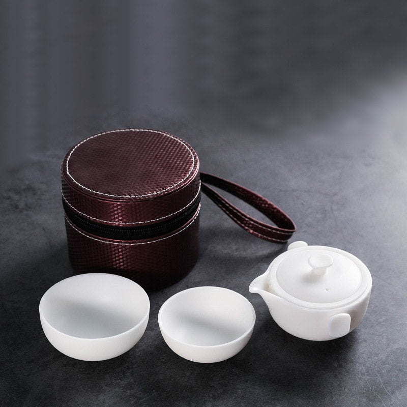 Jade White Porcelain Travel Tea Set - 1 Teapot and 2 Tea Cups in Travel Case, Portable Ceramic Travel Tea Set, Great Gift to Tea Lovers