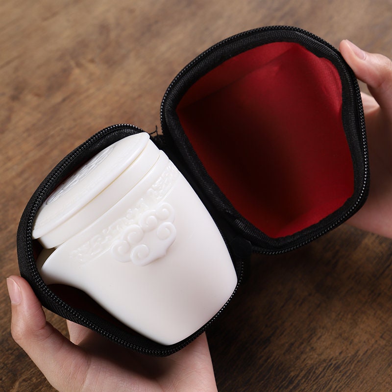 Jade White Porcelain Travel Tea Set - 1 Infuser Teapot and 2 Tea Cups in Travel Case, Ceramic Travel Tea Set, Great Gift to Tea Lovers