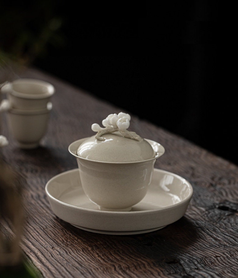 Handmade Porcelain Gaiwan with Lid 150ml/5oz | Wood Ash Glaze White Gray Gaiwan | Gaowan Tea Set | Chinese Kungfu Tea Gaiwan | Tea Cup Sets