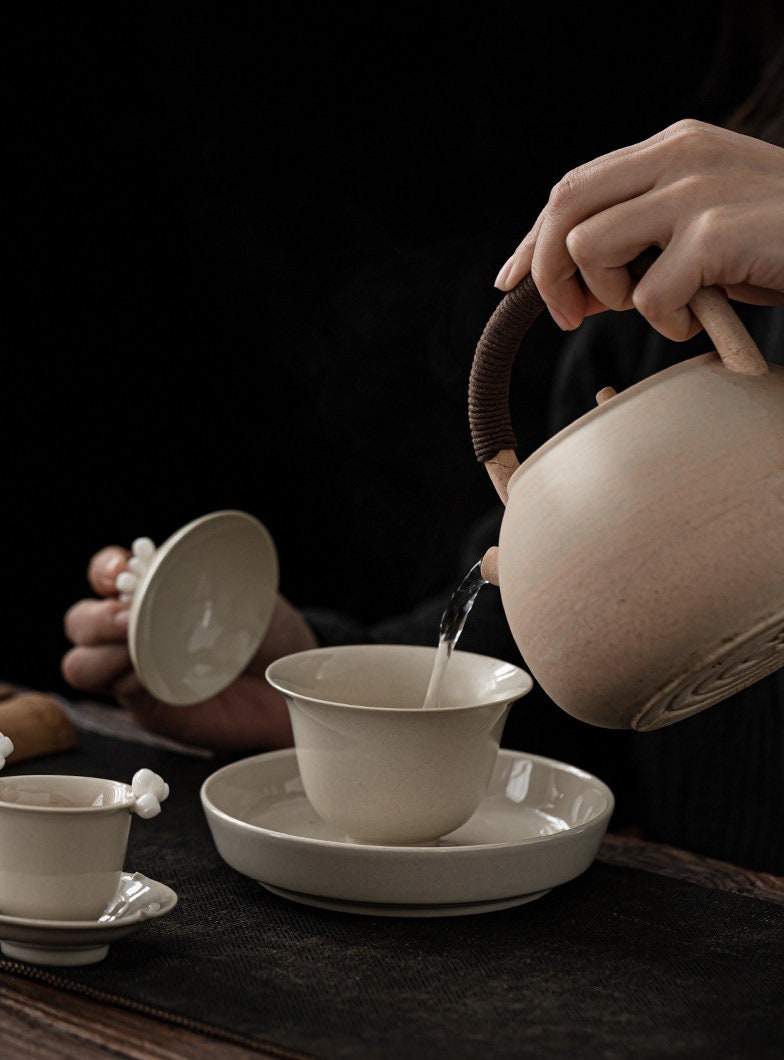 Handmade Porcelain Gaiwan with Lid 150ml/5oz | Wood Ash Glaze White Gray Gaiwan | Gaowan Tea Set | Chinese Kungfu Tea Gaiwan | Tea Cup Sets
