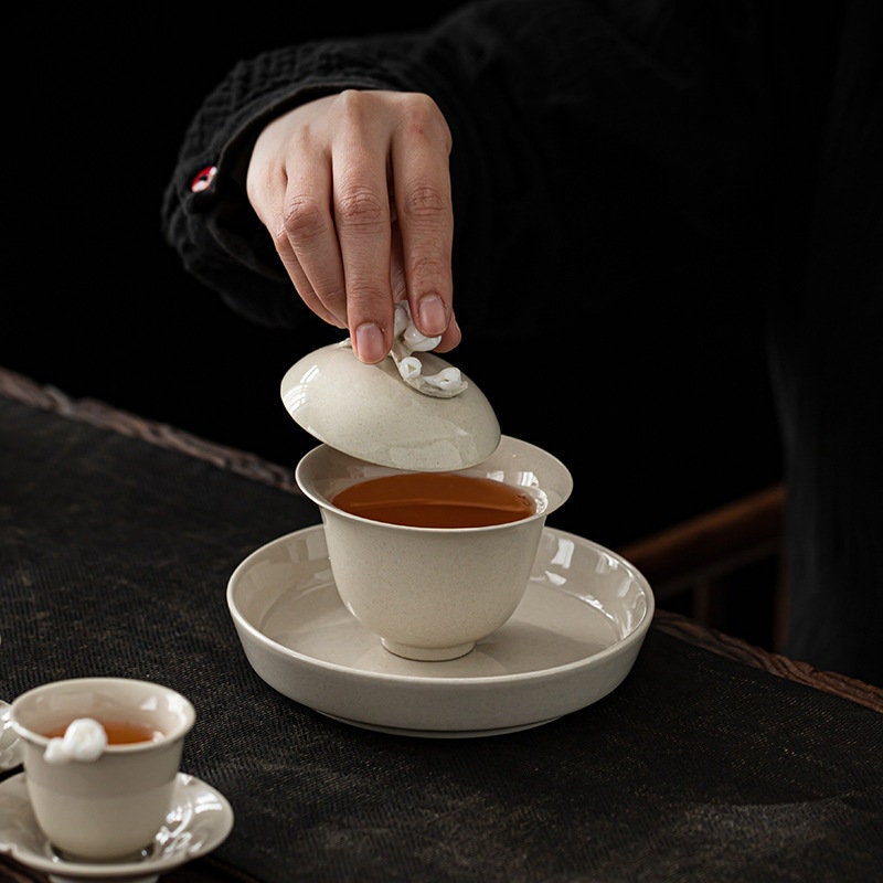 Handmade Porcelain Gaiwan with Lid 150ml/5oz | Wood Ash Glaze White Gray Gaiwan | Gaowan Tea Set | Chinese Kungfu Tea Gaiwan | Tea Cup Sets