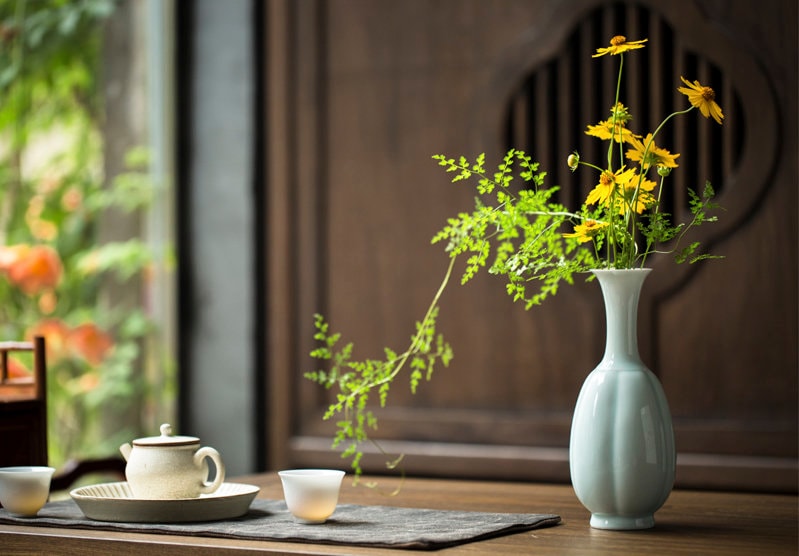 Tea Table Vase, Japanese Chado Table Decor Vase, Chinese Kung Fu Tea Table Decor, Shadowy Green Glaze Porcelain Vase, Tea Lover Gift