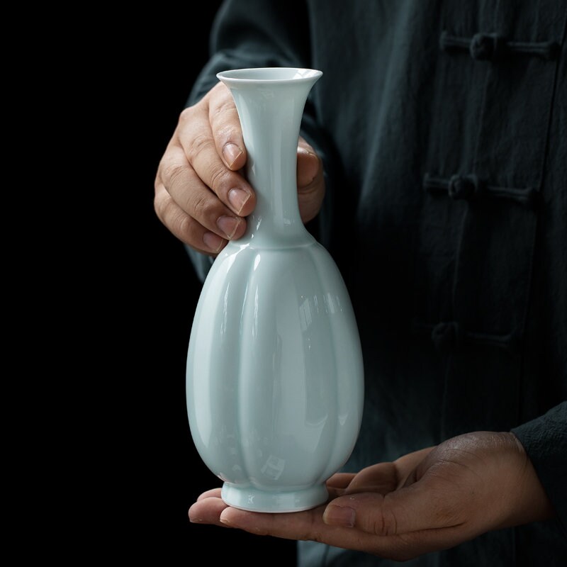 Tea Table Vase, Japanese Chado Table Decor Vase, Chinese Kung Fu Tea Table Decor, Shadowy Green Glaze Porcelain Vase, Tea Lover Gift