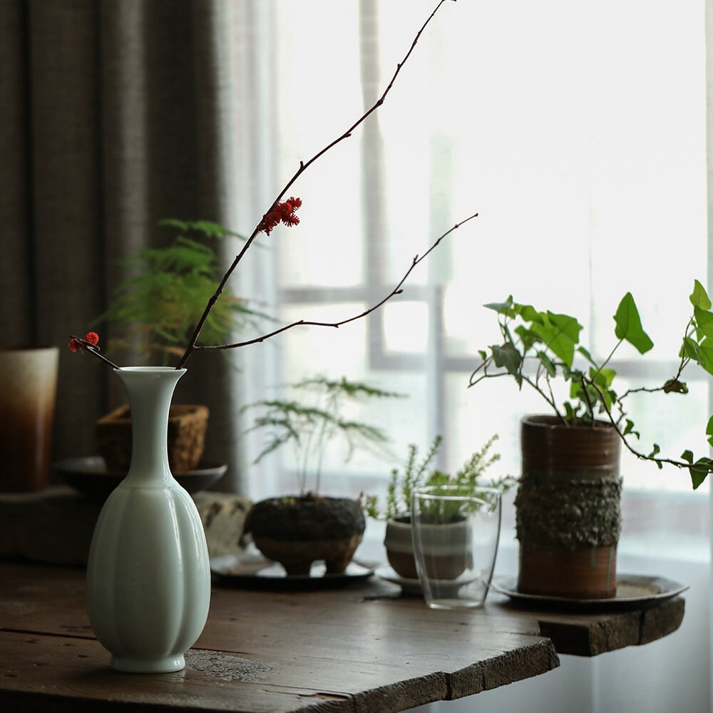 Tea Table Vase, Japanese Chado Table Decor Vase, Chinese Kung Fu Tea Table Decor, Shadowy Green Glaze Porcelain Vase, Tea Lover Gift