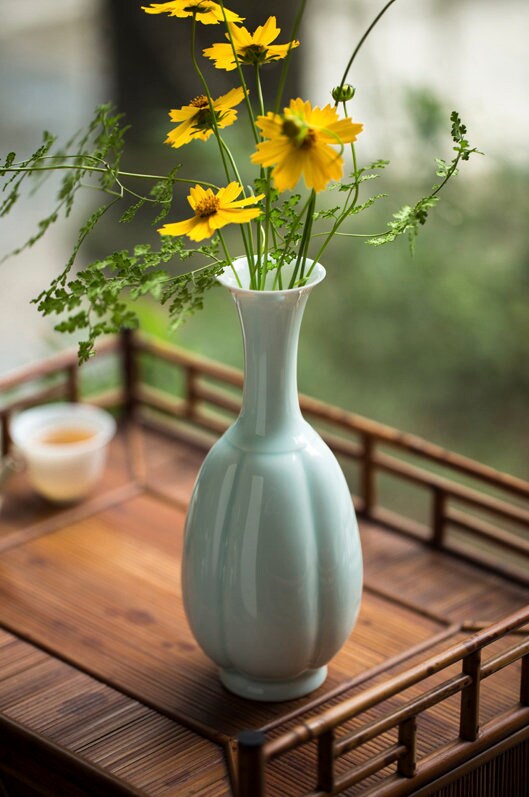 Tea Table Vase, Japanese Chado Table Decor Vase, Chinese Kung Fu Tea Table Decor, Shadowy Green Glaze Porcelain Vase, Tea Lover Gift