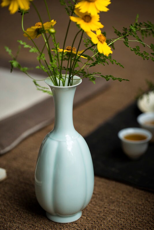 Tea Table Vase, Japanese Chado Table Decor Vase, Chinese Kung Fu Tea Table Decor, Shadowy Green Glaze Porcelain Vase, Tea Lover Gift