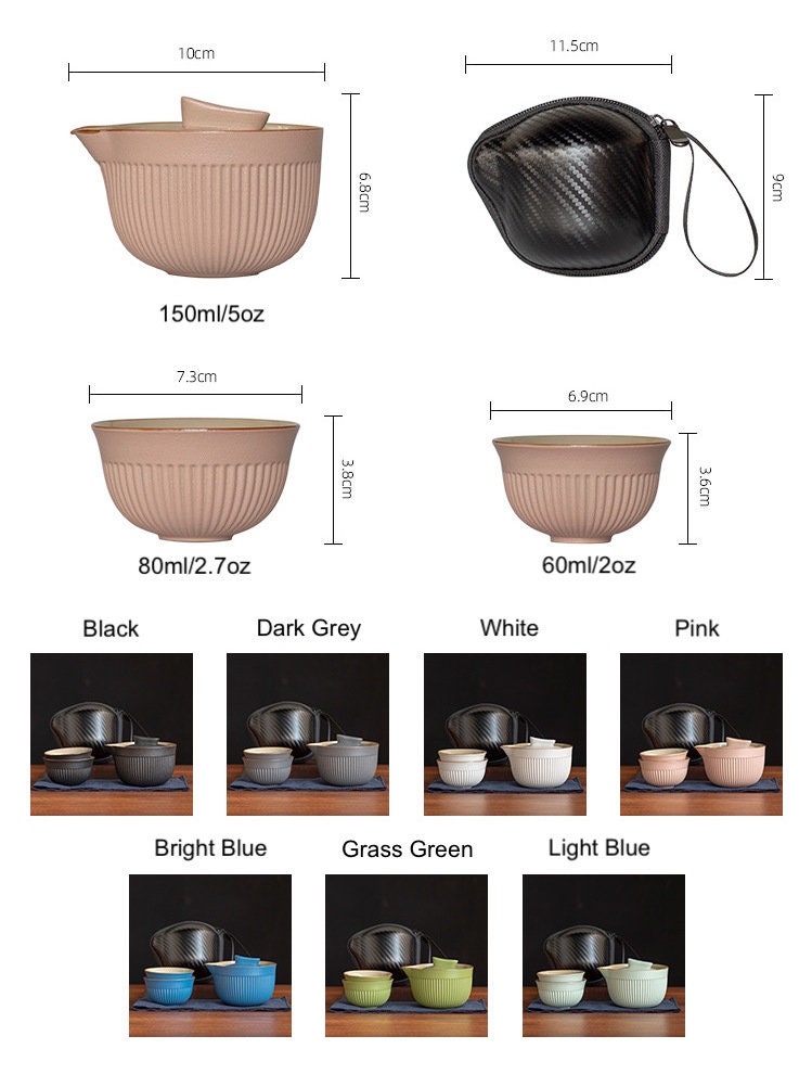 Portable Kung Fu Tea Set - 1 teapot and 2 Cups with Travel Case| Black Pottery Travel Tea Set | 6 Colors | Cute Gift to Tea Lovers
