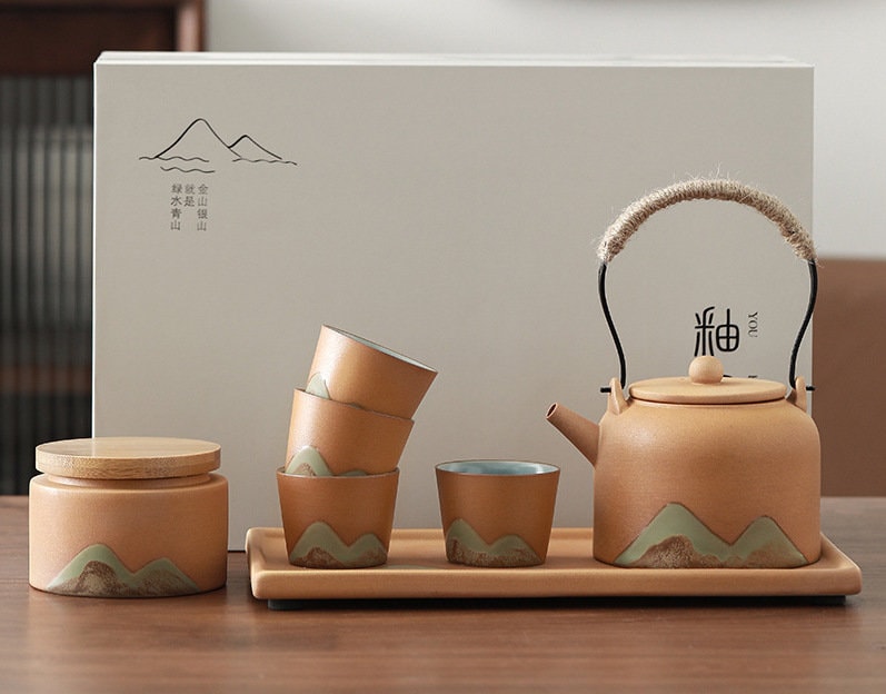 Japanese Zen Gongfu Tea Set, Black Pottery Chinese Tea Set, Kungfu Teapot set with Tea Cups, Tea Tray and Tea Jar, Gift For Tea Lovers