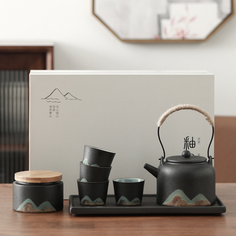 Japanese Zen Gongfu Tea Set, Black Pottery Chinese Tea Set, Kungfu Teapot set with Tea Cups, Tea Tray and Tea Jar, Gift For Tea Lovers