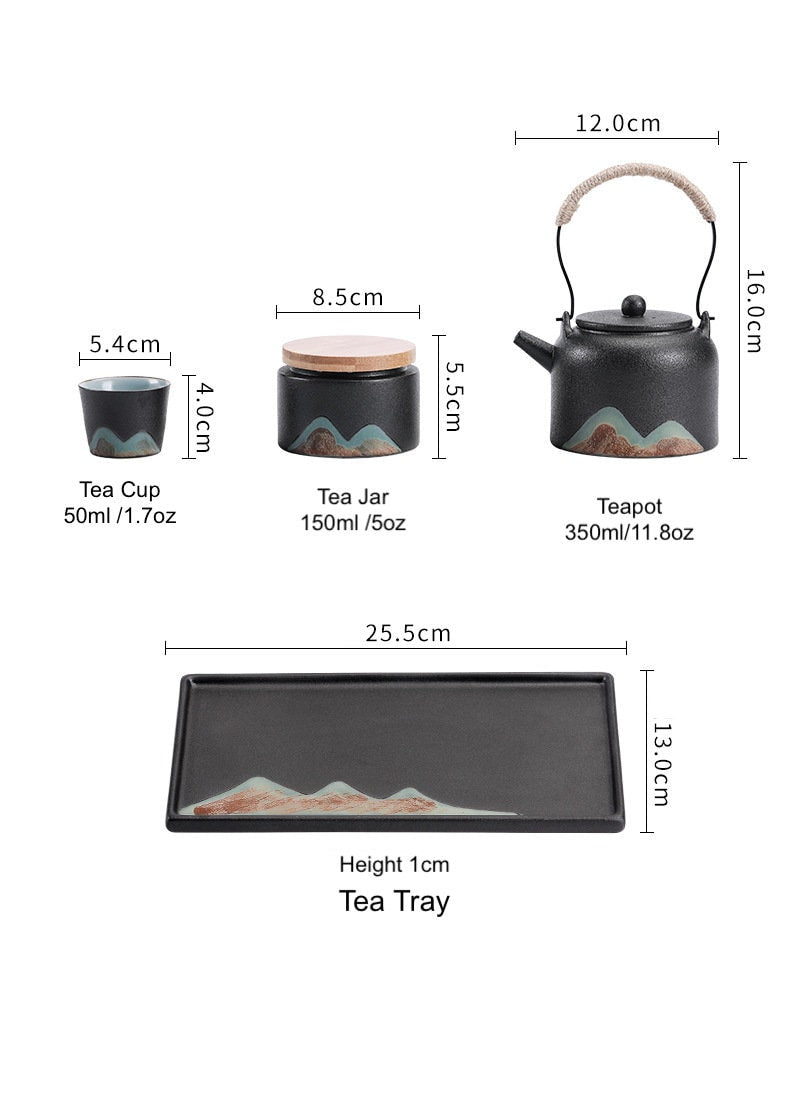 Japanese Zen Gongfu Tea Set, Black Pottery Chinese Tea Set, Kungfu Teapot set with Tea Cups, Tea Tray and Tea Jar, Gift For Tea Lovers
