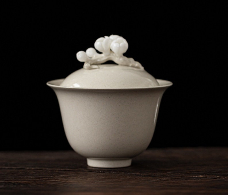 Handmade Porcelain Gaiwan with Lid 150ml/5oz | Wood Ash Glaze White Gray Gaiwan | Gaowan Tea Set | Chinese Kungfu Tea Gaiwan | Tea Cup Sets