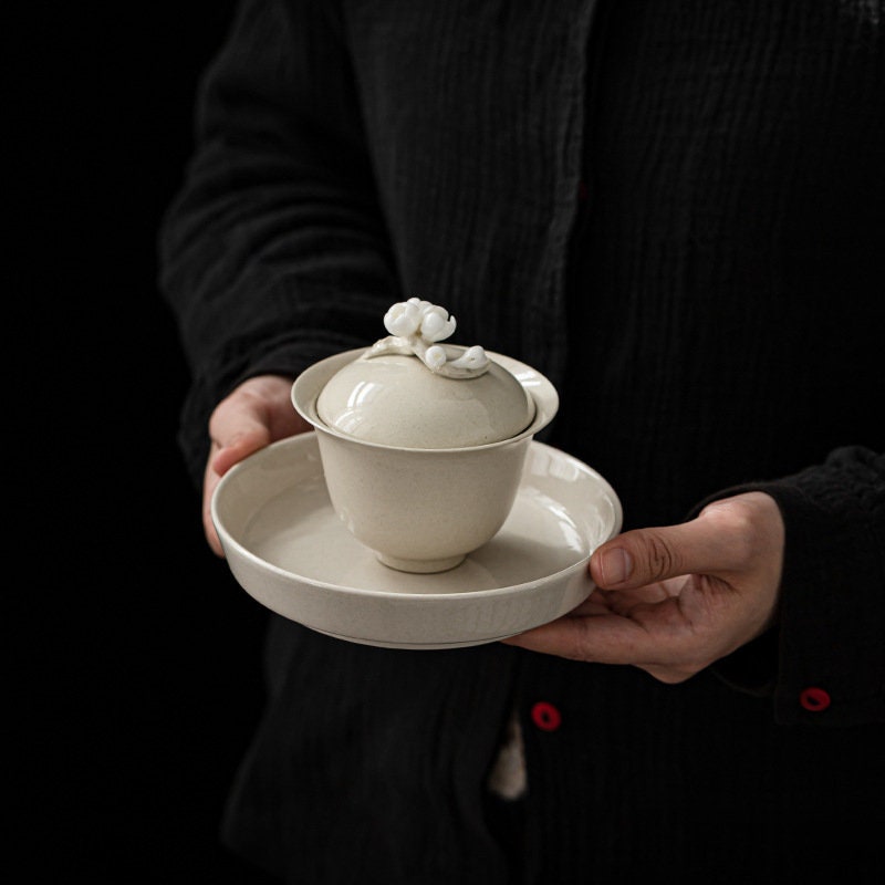Handmade Porcelain Gaiwan with Lid 150ml/5oz | Wood Ash Glaze White Gray Gaiwan | Gaowan Tea Set | Chinese Kungfu Tea Gaiwan | Tea Cup Sets