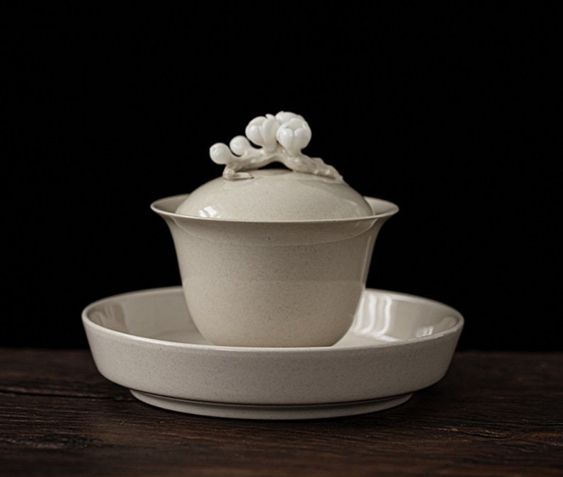 Handmade Porcelain Gaiwan with Lid 150ml/5oz | Wood Ash Glaze White Gray Gaiwan | Gaowan Tea Set | Chinese Kungfu Tea Gaiwan | Tea Cup Sets