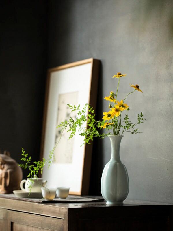 Tea Table Vase, Japanese Chado Table Decor Vase, Chinese Kung Fu Tea Table Decor, Shadowy Green Glaze Porcelain Vase, Tea Lover Gift