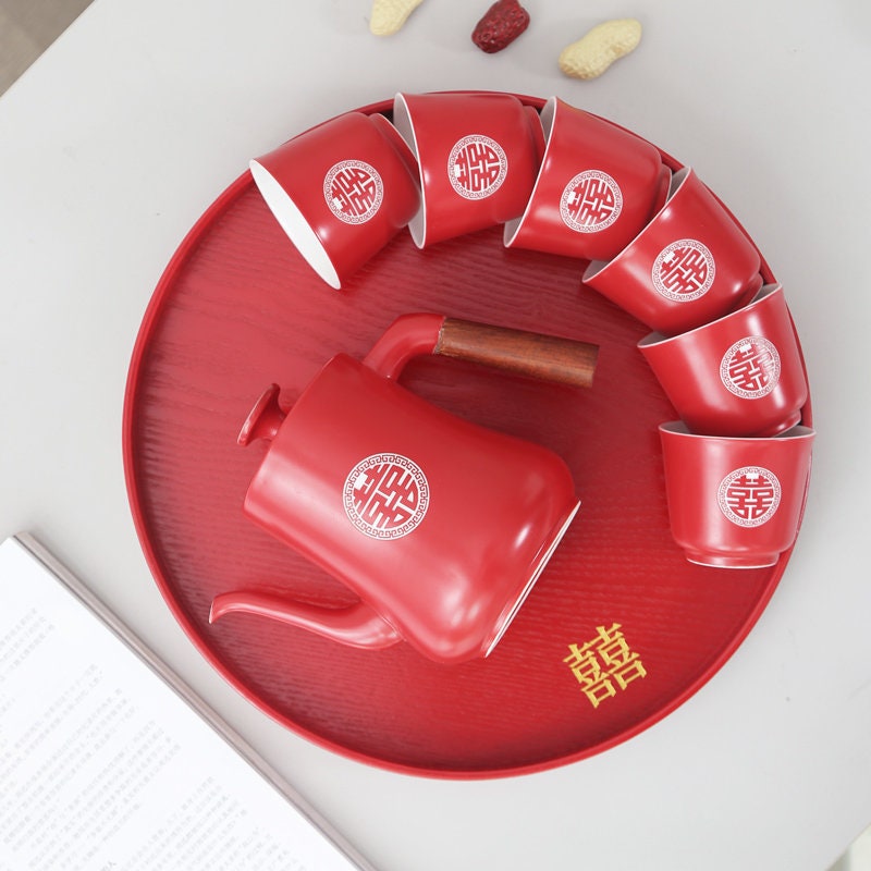 Chinese Wedding Tea Set, Double Happiness Wedding Tea Ceremony Set, Red Ceramic Tea Set with 1 Teapot and 6 Cups, Chinese Wedding Gift