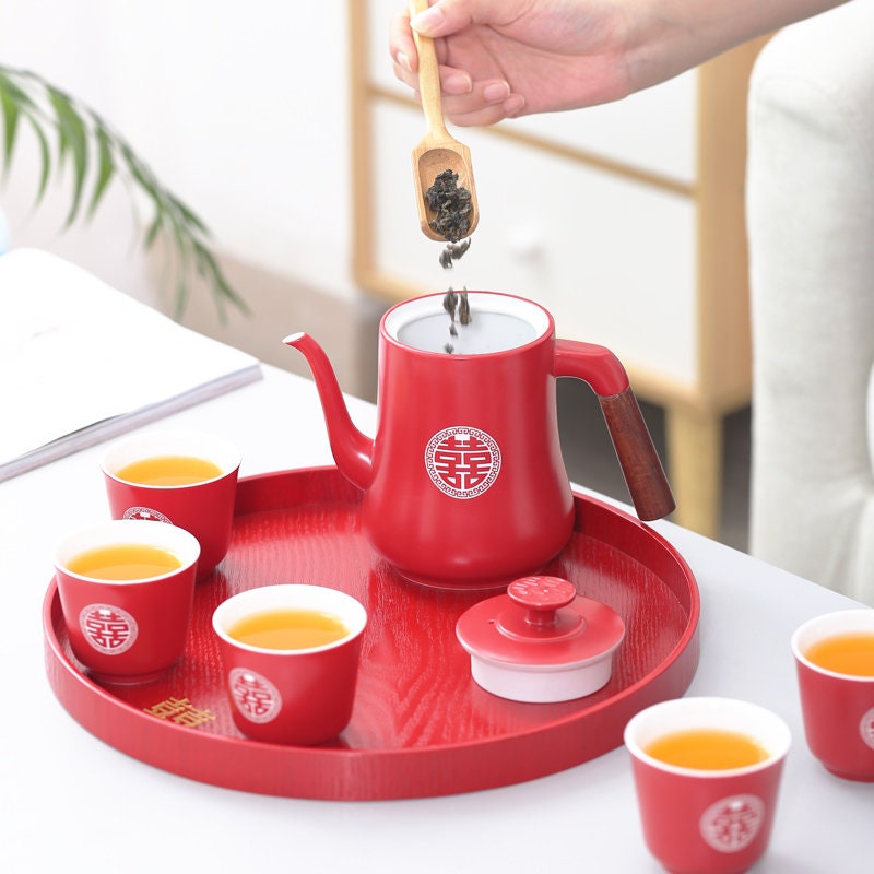 Chinese Wedding Tea Set, Double Happiness Wedding Tea Ceremony Set, Red Ceramic Tea Set with 1 Teapot and 6 Cups, Chinese Wedding Gift