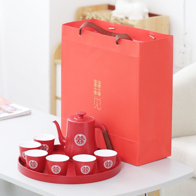 Chinese Wedding Tea Set, Double Happiness Wedding Tea Ceremony Set, Red Ceramic Tea Set with 1 Teapot and 6 Cups, Chinese Wedding Gift