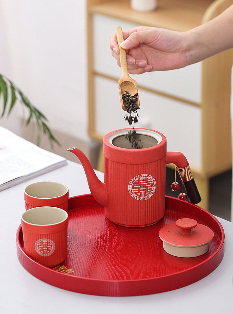 Oriental Wedding Tea Ceremony Set, Double Happiness Chinese Wedding Tea Set, Red Ceramic Tea Set - 1 Teapot and 6 Cups, Chinese Wedding Gift