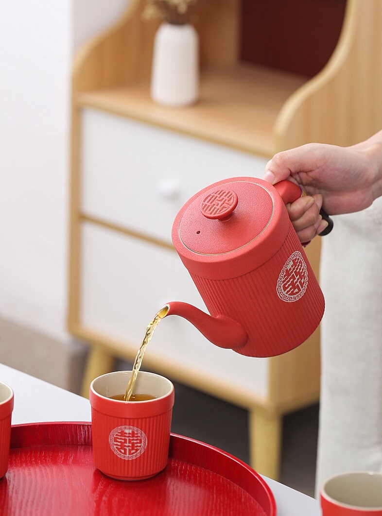 Oriental Wedding Tea Ceremony Set, Double Happiness Chinese Wedding Tea Set, Red Ceramic Tea Set - 1 Teapot and 6 Cups, Chinese Wedding Gift