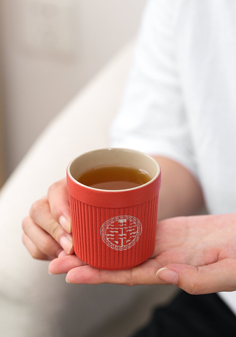 Oriental Wedding Tea Ceremony Set, Double Happiness Chinese Wedding Tea Set, Red Ceramic Tea Set - 1 Teapot and 6 Cups, Chinese Wedding Gift