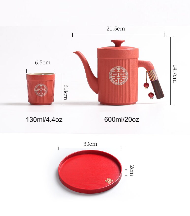 Oriental Wedding Tea Ceremony Set, Double Happiness Chinese Wedding Tea Set, Red Ceramic Tea Set - 1 Teapot and 6 Cups, Chinese Wedding Gift