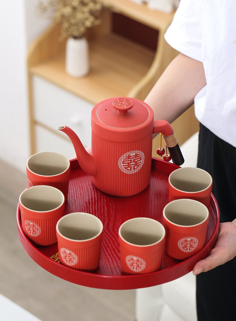 Oriental Wedding Tea Ceremony Set, Double Happiness Chinese Wedding Tea Set, Red Ceramic Tea Set - 1 Teapot and 6 Cups, Chinese Wedding Gift
