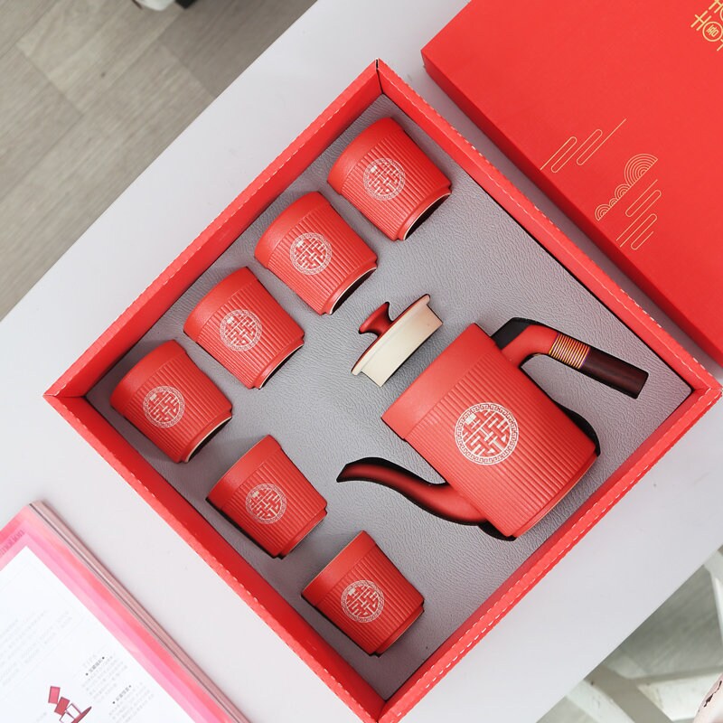 Oriental Wedding Tea Ceremony Set, Double Happiness Chinese Wedding Tea Set, Red Ceramic Tea Set - 1 Teapot and 6 Cups, Chinese Wedding Gift