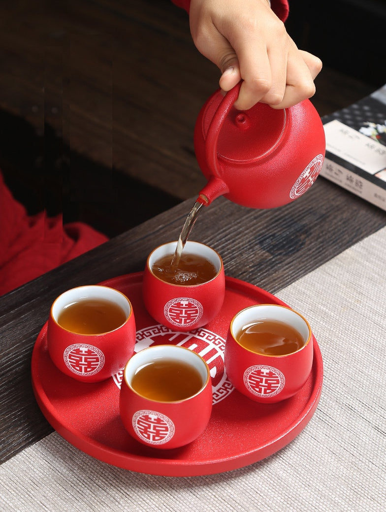 wedding tea ceremony set with teapot, cups and tray, wedding red teapot set with tray, double happiness wedding tea set