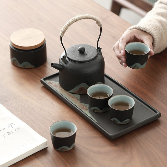 Japanese Zen Gongfu Tea Set, Black Pottery Chinese Tea Set, Kungfu Teapot set with Tea Cups, Tea Tray and Tea Jar, Gift For Tea Lovers