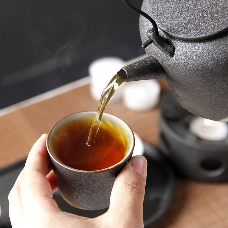 Japanese Zen Gongfu Tea Set, Black Pottery Chinese Tea Set, Kungfu Teapot set with Tea Cups, Tea Tray and Tea Jar, Gift For Tea Lovers