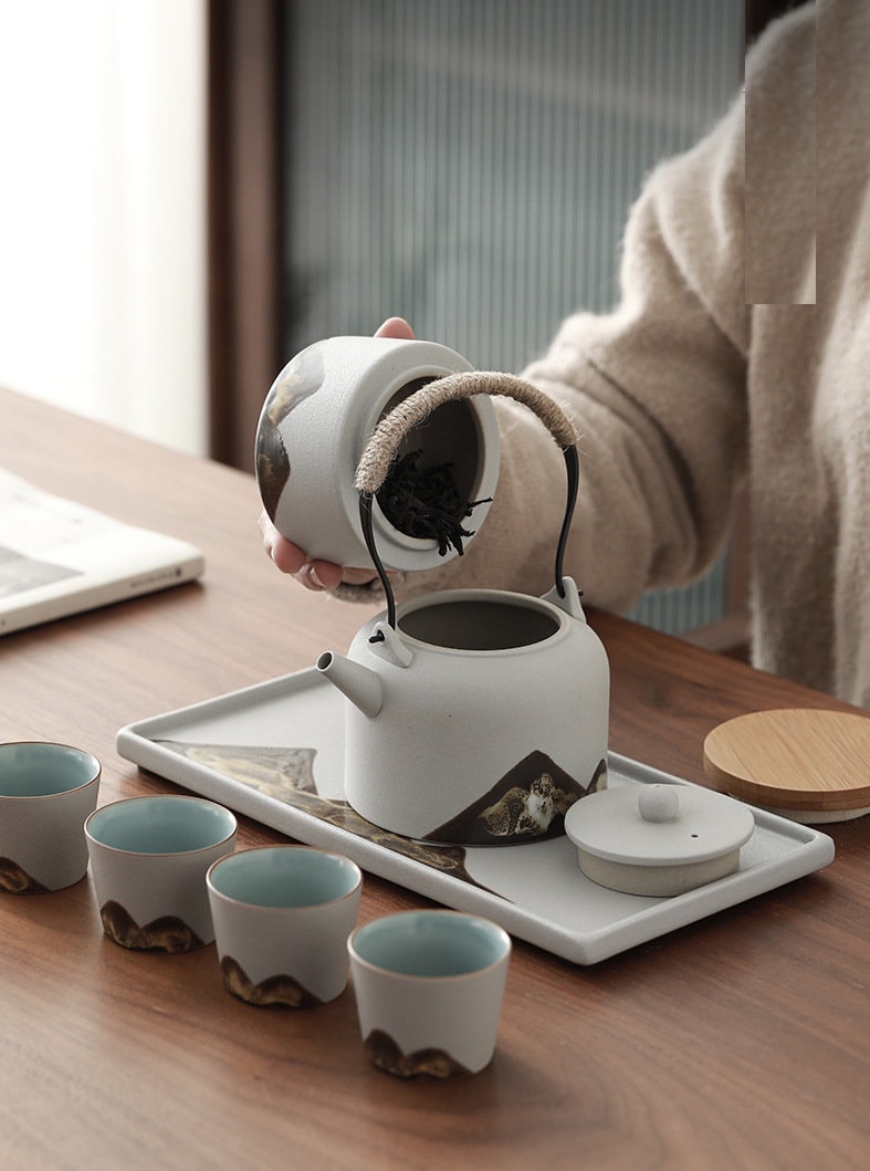 Japanese Zen Gongfu Tea Set, Black Pottery Chinese Tea Set, Kungfu Teapot set with Tea Cups, Tea Tray and Tea Jar, Gift For Tea Lovers